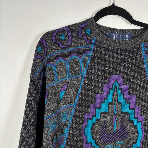 Vintage Abstract Knit Sweater Purple Blue Graphic 90s Grunge Cozy Retro Grandpa - Picture 5 of 6